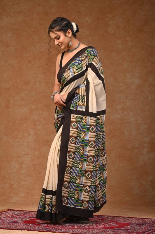 Elegant traditional mul cotton saree with a matching blouse, featuring a soft, lightweight fabric for a comfortable drape. Perfect for casual and festive occasions.